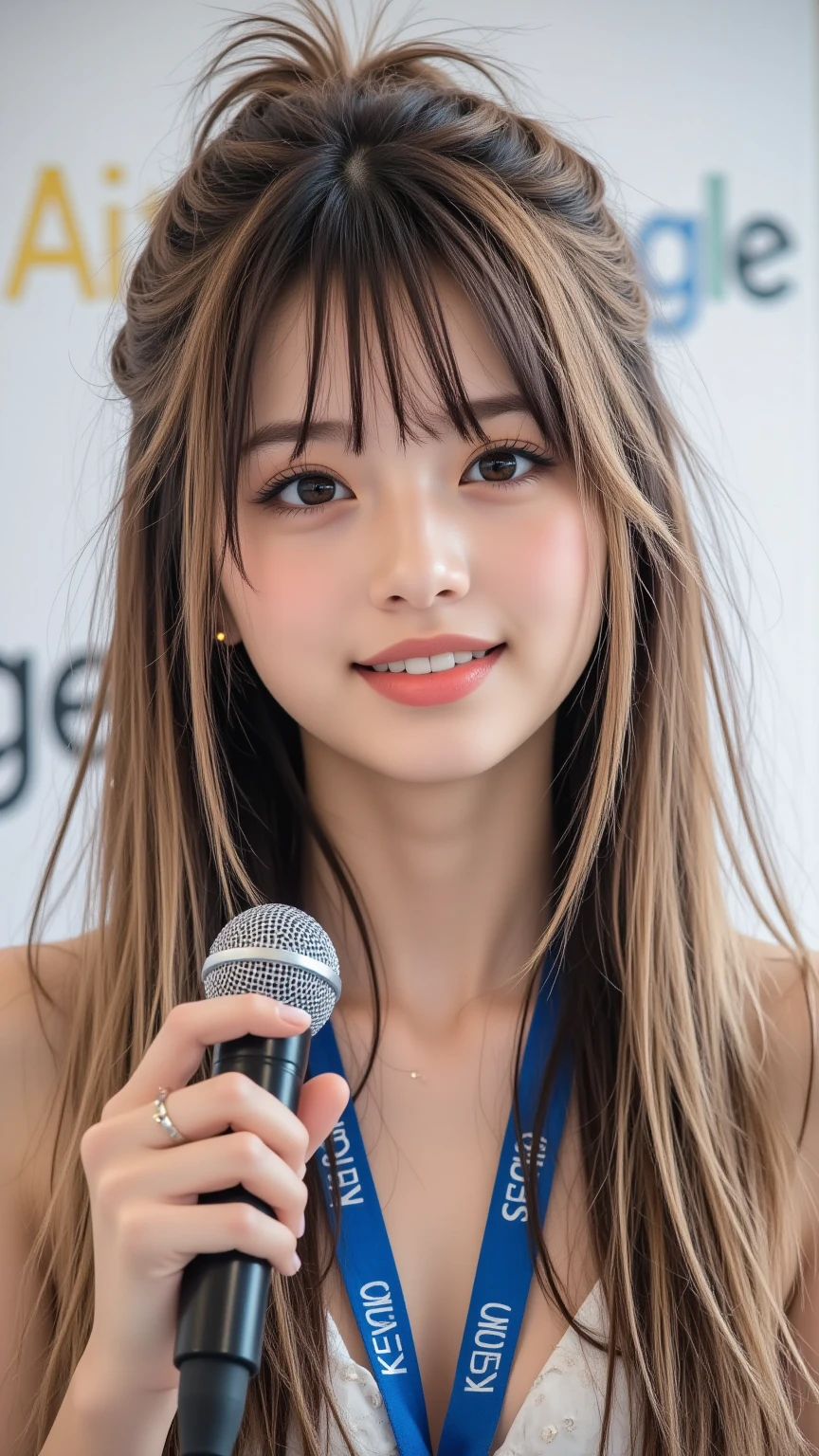 one person、female newscaster、young、beautiful、Female announcer、Shaped face contour、Long Hair、Brown Hair、Fine iris、Elegant、Sexy face、Glowing Skin、Juicy lips、An open, seductive smile、Thick eyelasheodel Body Type、Earrings、blush、suit、Tight mini skirt、Perfect lighting、Perfect Shadow、Perfect Anatomy(((masterpiece))), ((highest quality)), ((Super detailed)), (CG illustration), (Very wicked and beautiful)), (Cute Desktop Face)