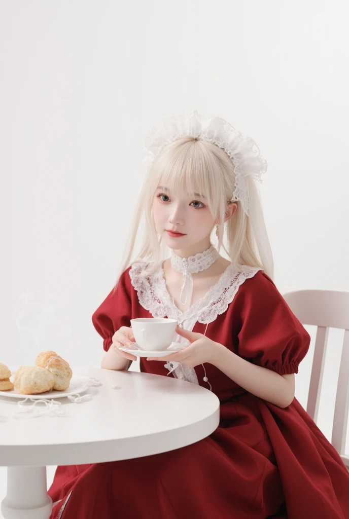 Rozen Maiden、True Red、WHITE ROUND TABLE、sitting on a chair、holding a teacup、Scones