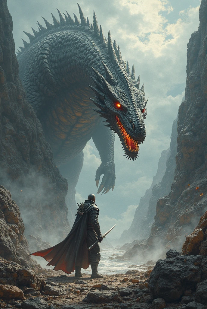 A metal suited warrior at a peak with horse to defeat big giant snake dragon covered with smoke fig and clouds