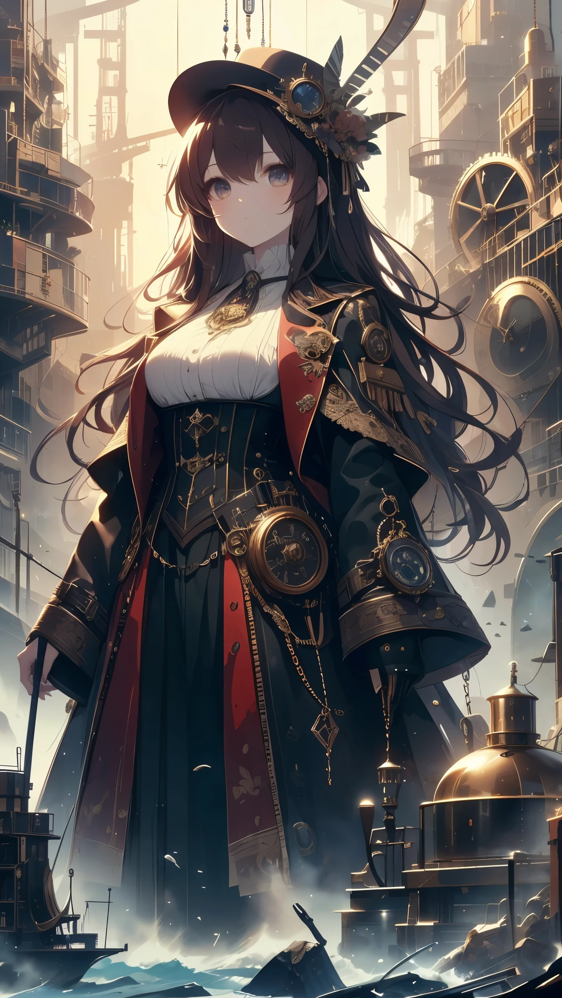 Steampunk World、Mechanical、gear、giant pendulum clock pendulum、Aristocrat style costume、A woman with long, wavy, and rich hair、dark brown hair