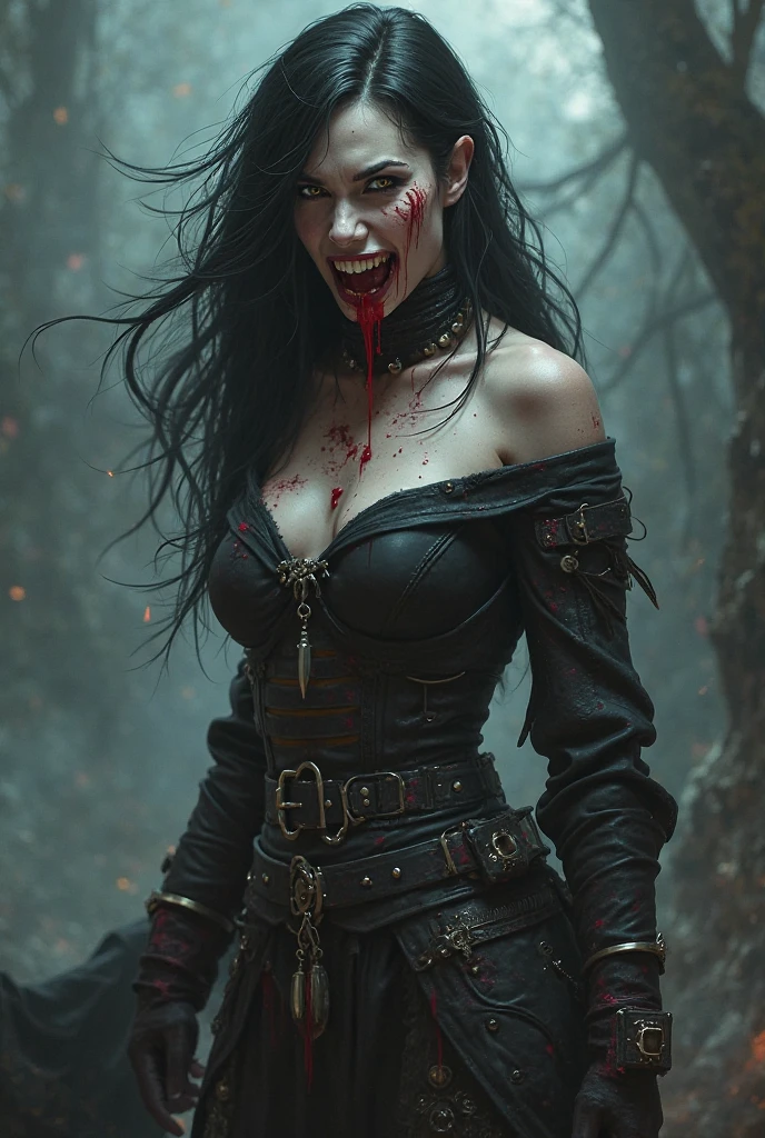 exausted, wounded vampire/human warrior girl, black hair, heavy goth vampire makeup, using a cropped corset, showing her toned abs, mini skirt that shows most of her thighs, navel, deep navel, blood eyes, blood dripping wounds