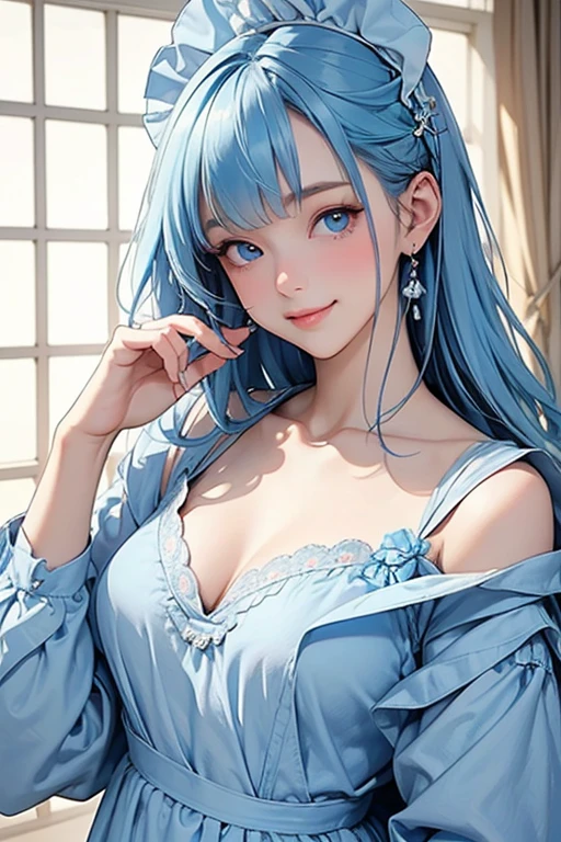 (masterpiece: 1.2, Highest quality), (Actual Photos, Intricate details), 1. woman, alone, Upper Body, bikini、Shoulder-length hair, Minimal makeup, Natural materials, Face close-up, smile, Home, (Light blue hair).blue eyes, Shoulder Bare、Smiling with teeth showing、(In the gap between my breasts).((sexy)).((Outdoor)).((Lace pattern clothing)).