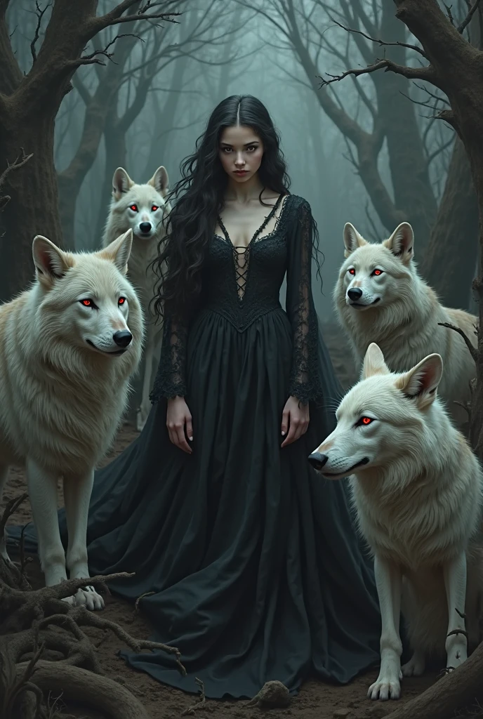 A Asian beautiful young woman,Long dark brown wavy hair,Sharp green eyes,Wearing a purple and black dress,There is a witch power that is stronger than gods and demons,My pet is a black wolf with Gray eyes.Giant white cat with yellow eyes,Giant black.