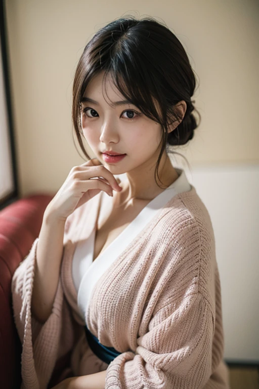 Random posture,
(raw photo,8k,photorealistic:1.3),(masterpiece, best quality), (from below), 35mm shot, looking at viewer, highres,
((a girl, solo)) , (detailed beautiful face, beautiful detailed pink eyes, detailed perfect skin),
((flat chest)), high ponytail contorted, eyes visible through hair, (blush), wet hair,
sitting, white|black kimono, topless, (leg crossed) , arms behind back, water, hair ornament, lace trim,