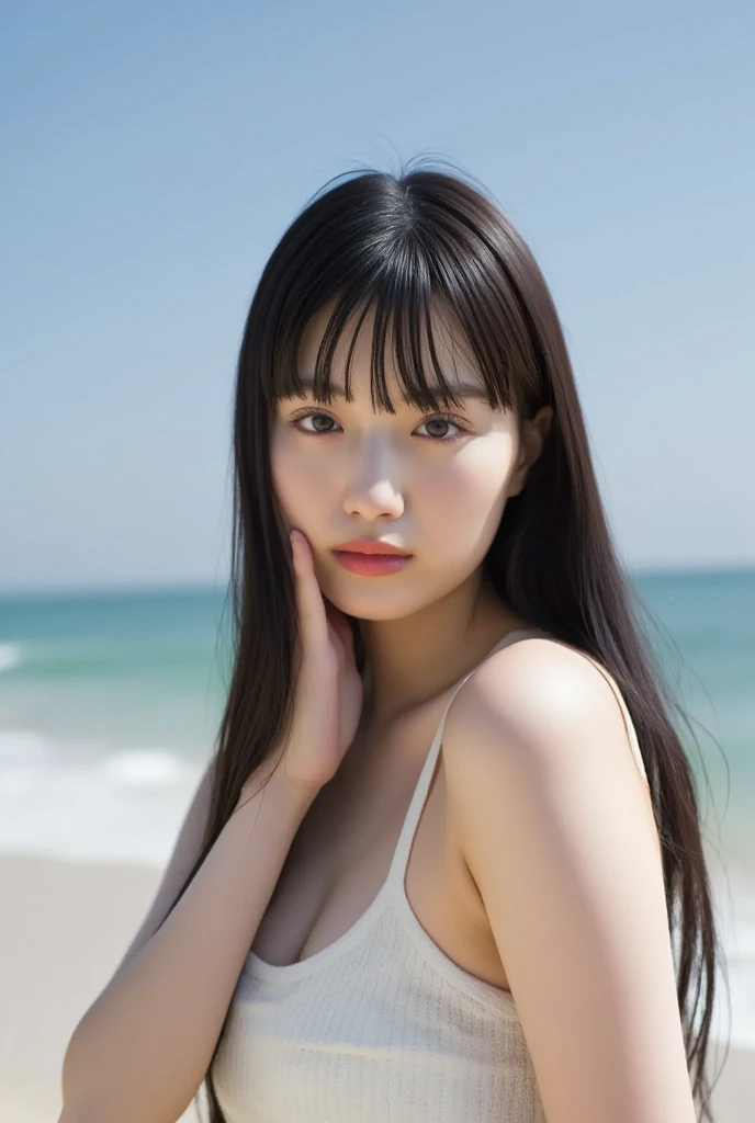 ((Extremely precise and accurate anatomy)), (masterpiece:1.43), Perfect balance, Realistic photos, Shrapnel:1.22、One in his 20s、young woman、Very realistic、High resolution photos、Wavy, Shoulder-length chestnut hair、Grace from the shoulders down、The eyes are a striking green with gold flecks.、Natural arched eyebrows、The skin is white and smooth、naturals, Healthy shine、Straight and white teeth、A micro bikini made from soft and lightweight fabric for a snug fit.、Sunlit beach in the evening、The sea swaying in the wind、Clear deep blue sky with white clouds、The sunlight is warm and golden、Natural highlights and shadows that accentuate facial features and clothing textureakeup is minimal and naturals、Light Foundation、A faint blush、Subtle eyeliner、A little mascara々、Soft pink lip color、Mr.々pose、Make different facial expressions、Wavy hair、A sense of movement and vitality、(((Shallow depth of field effect)))、Image focus、The atmosphere is warm、The energy of joy、Natural Beauty, big breast size, detailed face.