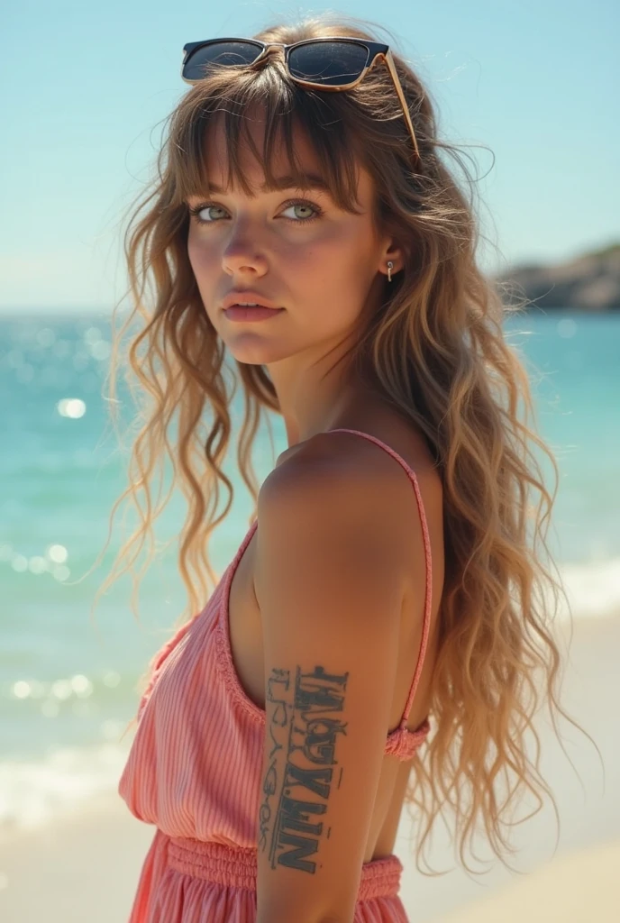 A photorealistic portrait of a 27-year-old Ukrain girl with long, curly blonde hair with orange highlights and brown eyes. She should have a natural look and picture on the seaside wearing white dresses and showing her leg and wearing flip-flop. Picture on the beach. Sleeve tatoo on left arm and fingers. freckle snd athletics shape of body.