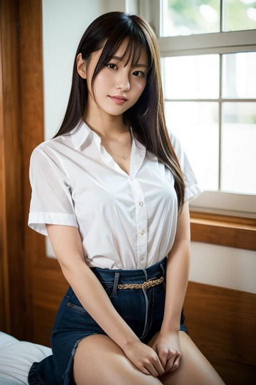 (Best Quality), masutepiece:1.2, 超A high resolution, ((full length body shot:1.4))、((Shot from below:1.4))、Photorealistic:1.4, Raw photo, ((In front of the fireplace in a dark mountain hut:1.4)), (Wide angle shot), ((Collared short sleeve white shirt for students:1.4)),(1girl in),(15 year old girl), (Pink nipples:1.4), ((wetted skin:1.5)), (Real Skin), ((medium breasts:1.4))、(Semi-long hair, dark brown hair)、 ((Denim skirt:1.4)), ((Carrying a large backpack:1.4)),((Not wearing panties:1.4))、((Detailed female genitalia、Pubic hair:1.4))、 (hyperdetailed face), ((shairband:1.4)), (Ultra detailed eyes), (Ultra-detailed nose), (Ultra detailed mouth), (Ultra detailed arms), (ultra detailed body), Pan Focus, gaze at the audience、angry looking face、standing with spread legs