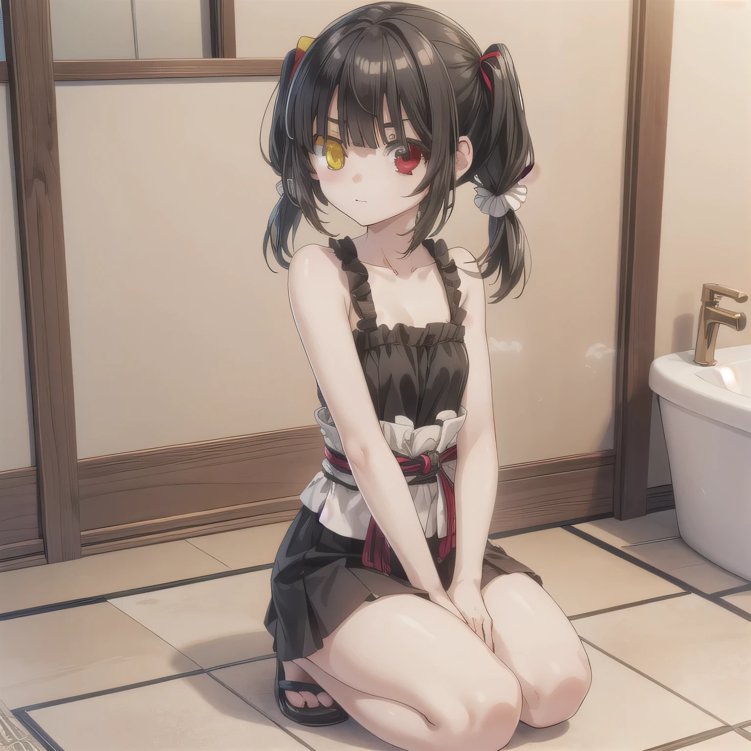 A beautiful woman in a A narrow, compact Japanese bathroom, with tiled walls, a small bathtub, and a wooden stool beside it. Steam fills the room., sitting in seiza style , politely waiting to greet someone.The character is wrapped in a towel around the body. Long Hair, Dark Hair, (Red Eyes:1.3), (Pigtails:1.5), (Yellow Eyes:1.3), (Heterochromia:1.5).
