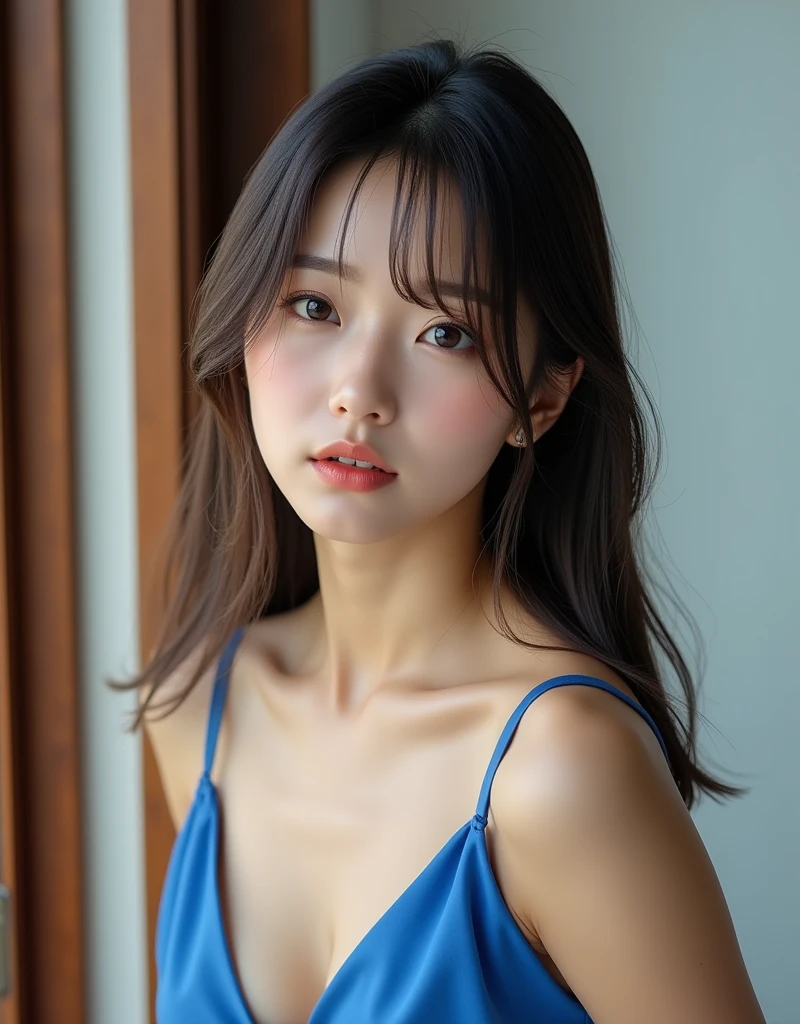 a close up of a woman Long Hair wearing a blue dress, asian girl Long Hair, Thin and shiny hair, ウェーブのかかったLong black hair, Long, thin black hair, 細い光沢のあるLong black hair, Black hair blown by the long wind, Long black hair, Beautiful Korean Women, Flowing black hair, Long Hair, Long black hair, 長くFlowing black hair