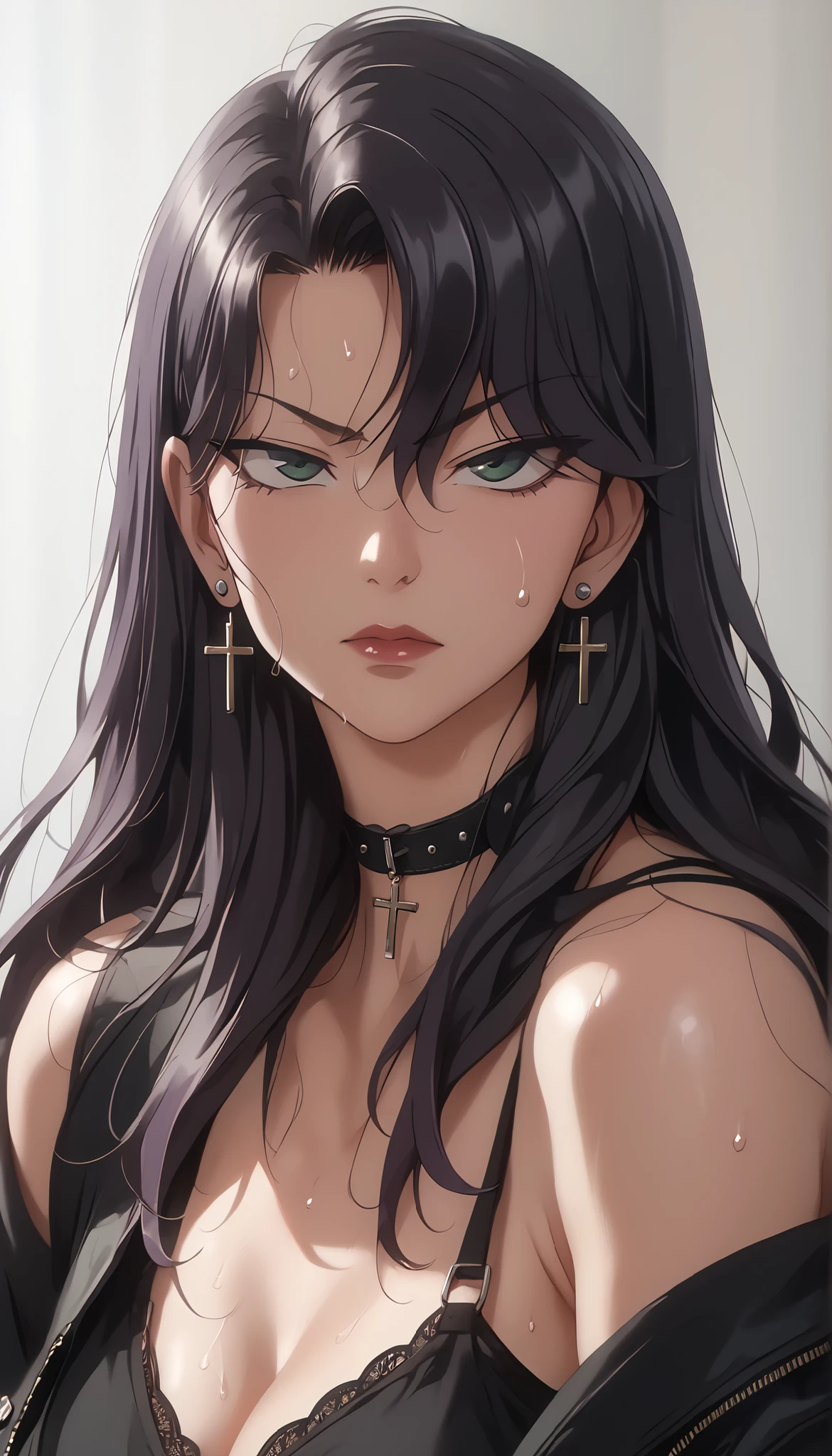 girl, alone , black hair, wolf cut, long hair, dark purple hair tips, bungs, long bangs, eyes visible through hair, side lock, DARK GREEN EYES, black eyeliner, mascara, cross earrings, industrial drilling , choker, black sweatshirts, sweat on shoulders , bra strap, Portrait, three room view, Tilting Your Head, watches the audience, expressionless, Serious, grey background, masterpiece, better quality, Amazing Quality, very aesthetic, high resolution、upper body