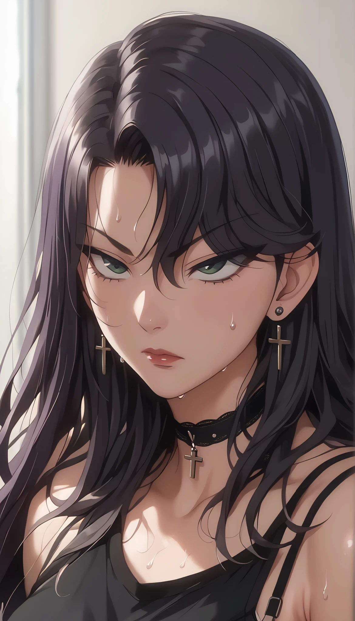 girl, alone , black hair, wolf cut, long hair, dark purple hair tips, bungs, long bangs, eyes visible through hair, side lock, DARK GREEN EYES, black eyeliner, mascara, cross earrings, industrial drilling , choker, black sweatshirts, sweat on shoulders , bra strap, Portrait, three room view, Tilting Your Head, watches the audience, expressionless, Serious, grey background, masterpiece, better quality, Amazing Quality, very aesthetic, high resolution、upper body