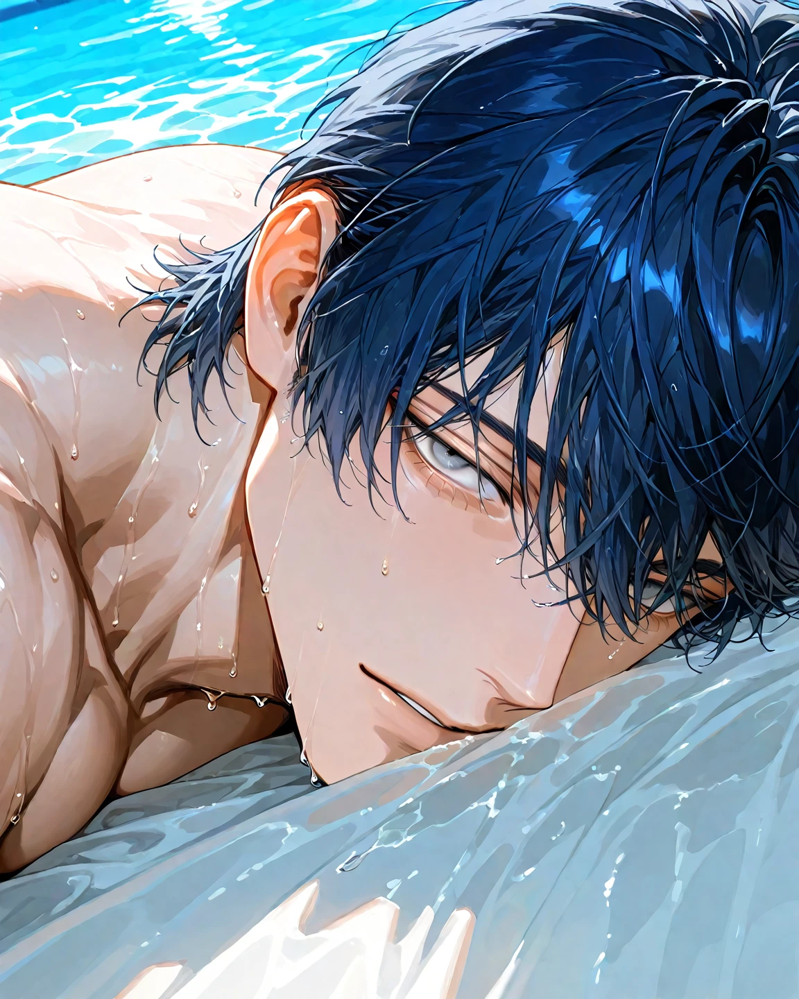 high quality, detailed, Realistic, (two 16 years old japanese boys), (detailed black eyes), (abs:1.5), (shiny skin), detailed nipples, black hair, (black tiny thong), (erected bulge), summer noon, (smile:0.7), close up face, laying, kissing,