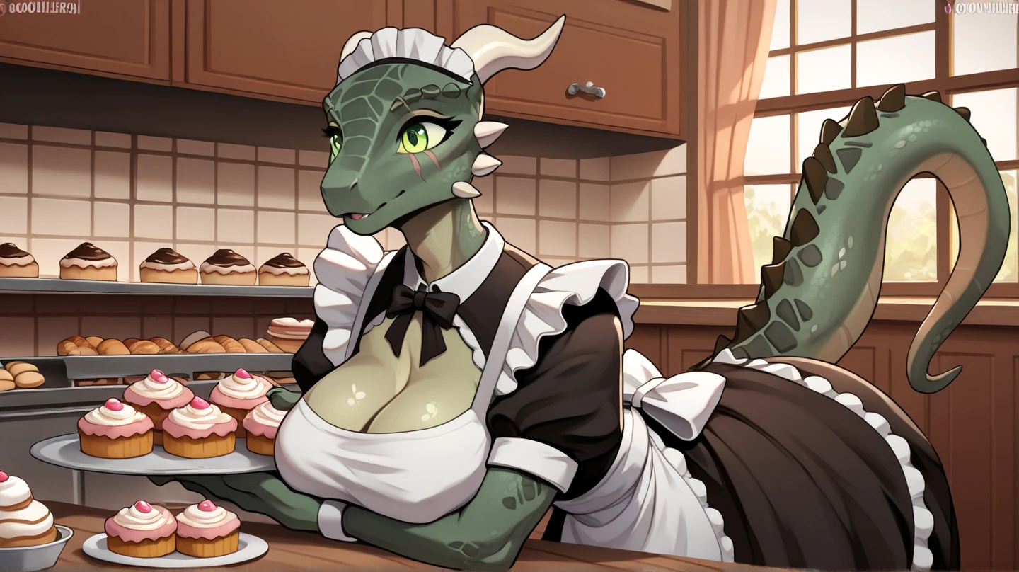 Seductive anthro-dragoness in medieval clothes, Women's, anthro, dragon/Lizard's head, scaly body, in full growth, big breastes, scaled skin, Long red hair, membranous ears, small head, long neck,, long legs, tail, Shelves with product backgrounds, The character prepares food in the kitchen, pans and pots, Steam and fire