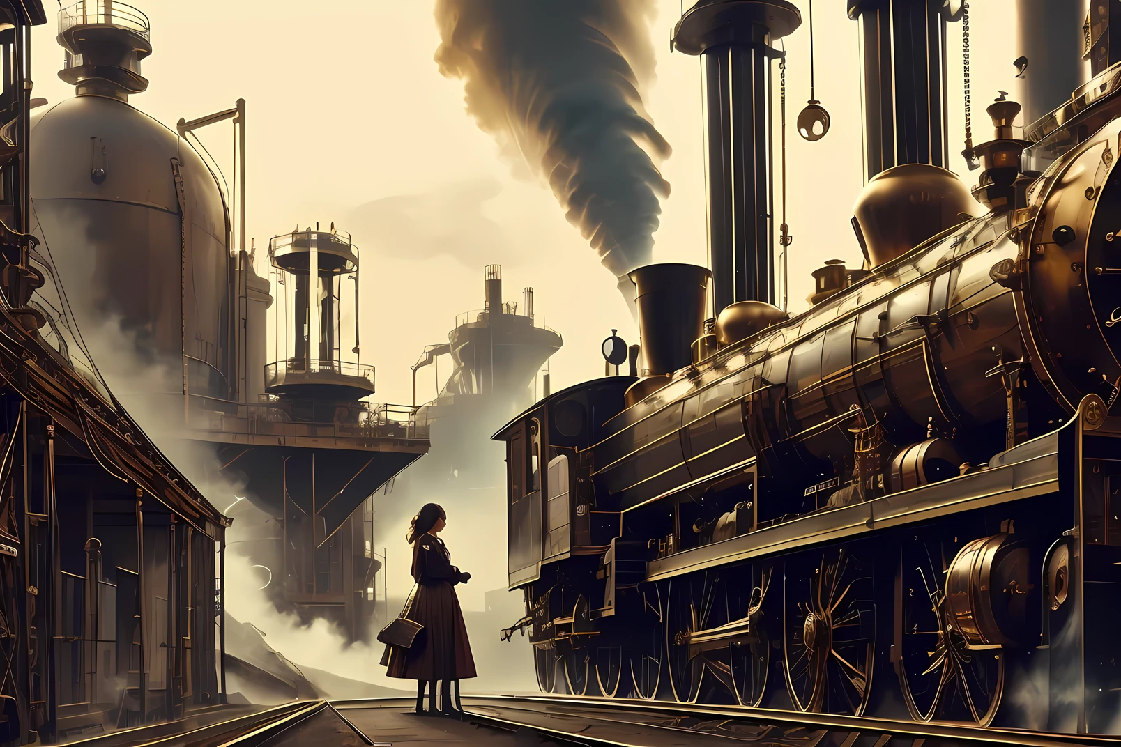 Steampunk World、Mechanical、gear、Woman looking up at a huge pendulum clock、Aristocrat style costume、A woman with long, wavy, and rich hair、dark brown hair、Steam engine