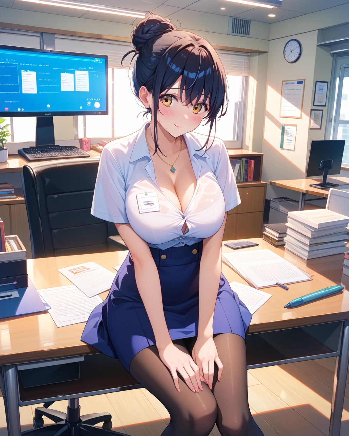 1lady solo, sitting, (from above), office worker, ((blue vest) over white dress shirt), mature female, /(dark brown hair/), kind smile, (masterpiece best quality:1.2) delicate illustration ultra-detailed, large breasts, bowtie BREAK (modern office) indoors, (reception desk), entrance, detailed background