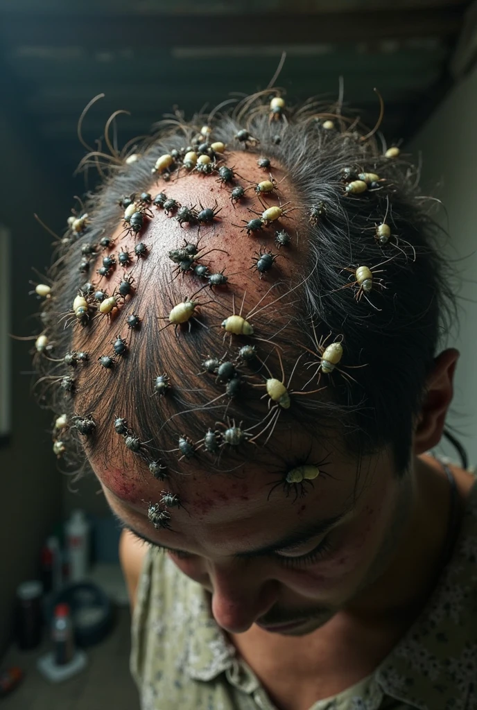 Cockroaches on a person's head laying eggs