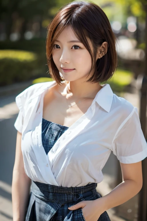 (highest quality、table top、8k、best image quality、Award-winning work)、One cute high school girl、alone、perfect beautiful composition、(Uniform shirt with full chest opening:1.1)、(unbutton your shirt、fully exposes small naked breasts:1.5)、(very short hair:1.1)、slender body、(A shy smile looks at me:1.1)、(strongly blurred park background:1.1)、natural makeup、Ultra high definition beauty face、ultra high definition hair、Super high-definition sparkling eyes、(Pure white skin that shines with ultra-high resolution:1.1)、Super high resolution glossy lips、accurate anatomy、ultra high definition hair、(very bright:1.1)