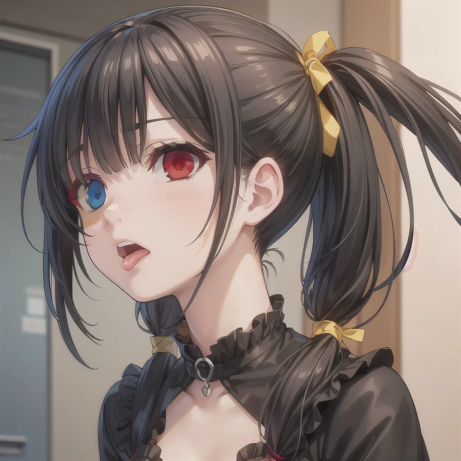 NSFW. A girl just swallowed. She shows a clear expression of discomfort and distaste, slightly sticking out her tongue as if reacting to the bitter taste. Her throat appears subtly tense, capturing the natural motion of swallowing. The atmosphere suggests the moment right after drinking, with a focus on the unpleasant expression and the realistic detail of the throat. Long Hair, Dark Hair, (Red Eyes:1.3), (Pigtails:1.5), (Yellow Eyes:1.3), (Heterochromia:1.5).