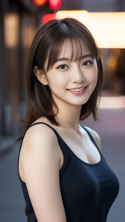((best quality, 8k, masterpiece :1.3)), 1 girl, smiling, whole body, face slimming, pretty Woman, (Dark brown hair), full length dress :1.1, Super detailed faces, delicate eyes, double eyelids, blurred background, face slimming, City, external, street,