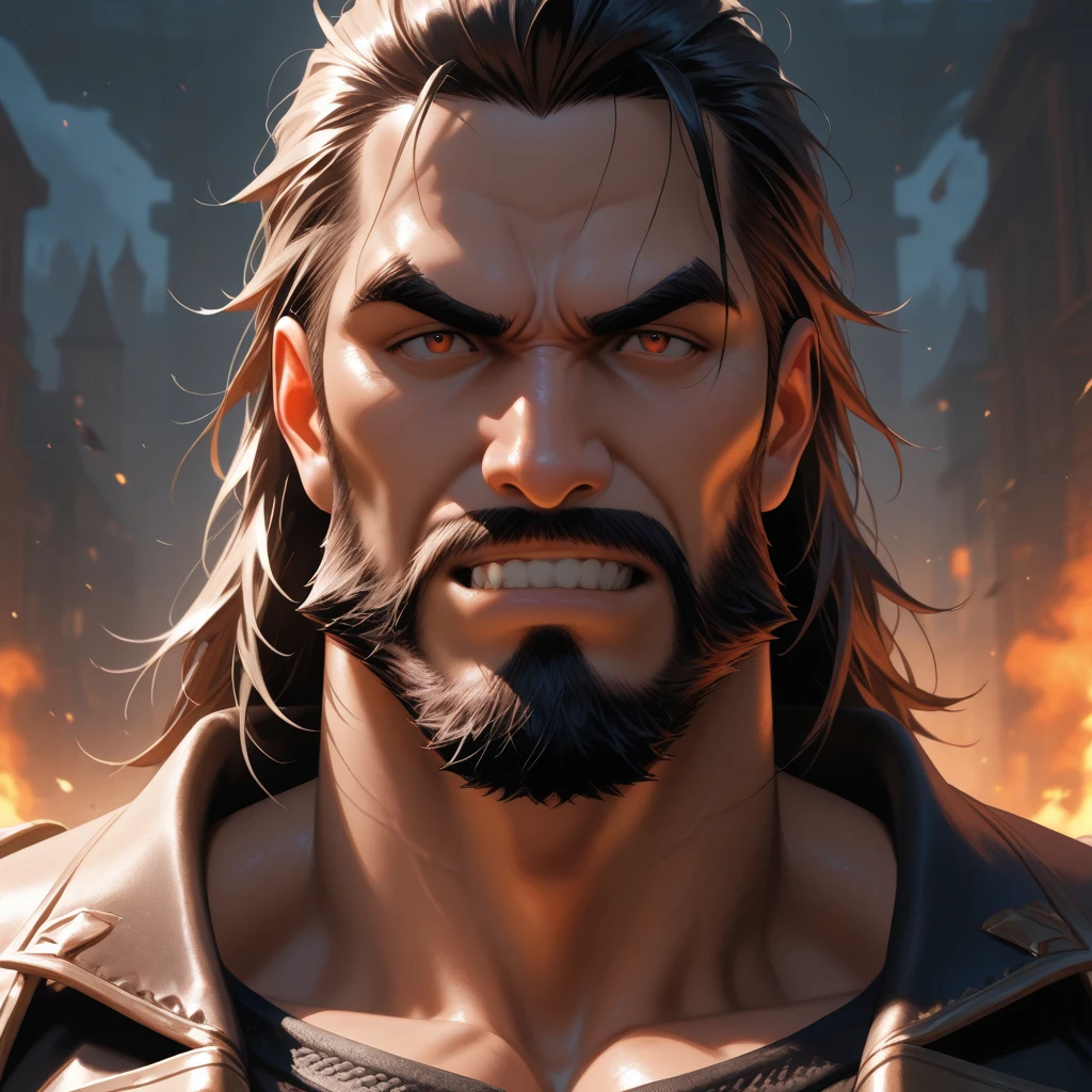 (evil man:1.1, sexy, strong, very gigantic, monumental, colossal:1.1, growing, bigger than the universe, crushing planets with his muscles, swallowing planets whole), oil painting, detailed facial features, intense gaze, muscular build, rugged appearance, dark and sinister atmosphere, fiery red color palette, dramatic lighting, blue eyes, veins, wrinkles, big old man nose, nose with pronounced bridge and outward curve that protrudes from the base of the nose, dark olive skin color, brown skin, veins, absurdly huge nose, hawk nose, convex nose, well groomed moustache, long hair, huge arms,