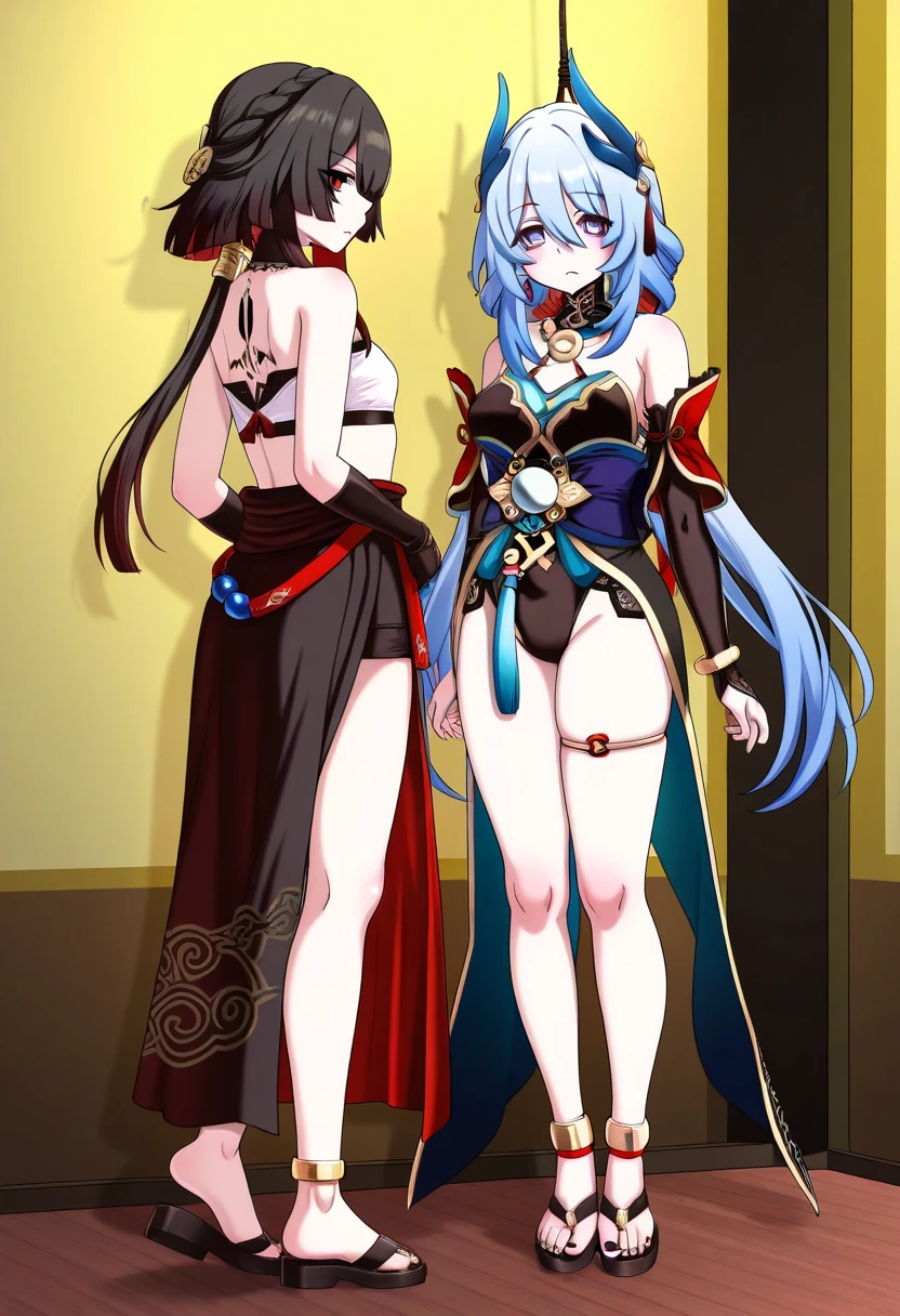 2girls, ((full body photo, standing, feet on the ground)) (demon, demon princess, gyaru face:1.1, dark skin, full body, standing, pointed ears, small horns, armor), (best quality, 4k, ultra-detailed, realistic:1.37), dark atmosphere, dark skin, vibrant colors, glowing eyes, flowing hair, mesmerizing gaze, dynamic pose, intricate details, mystical background, haunting beauty