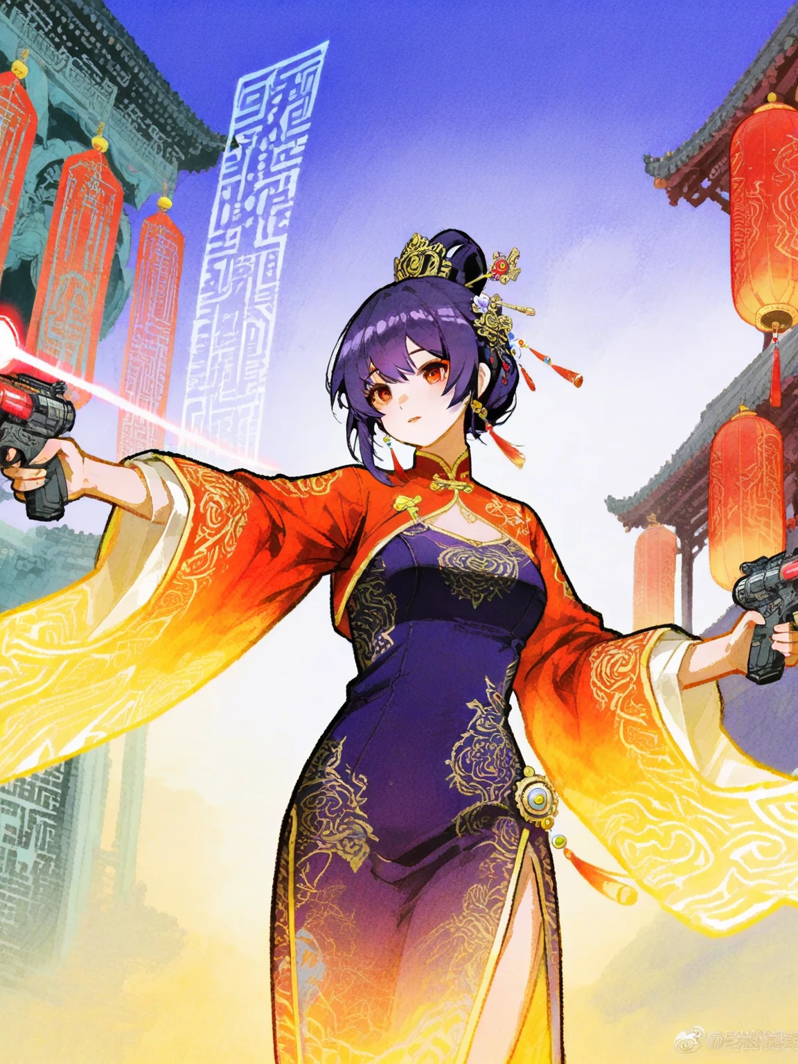 Cheongsam girl shooting in front of Zhu Qi Palace gate, Laser trajectory, costume embroidery mountain and sea sutra alien beast, hairpin hanging data flow bead curtain, traditional lacquerware texture mixed with faulty art, dusk light rendering, gradient transition between amber and dark purple, Watercolor comic style, Large elevation angle lens