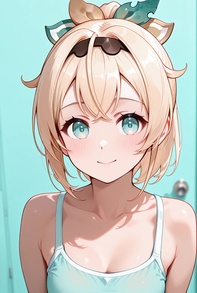 1girl, round sunglasses, no eyes, short blonde hair, bob cut, medium breast, blush, white off-shoulder shirt, smile, ahoge, 4k, portrait, simple background, looking at the camera, from the front