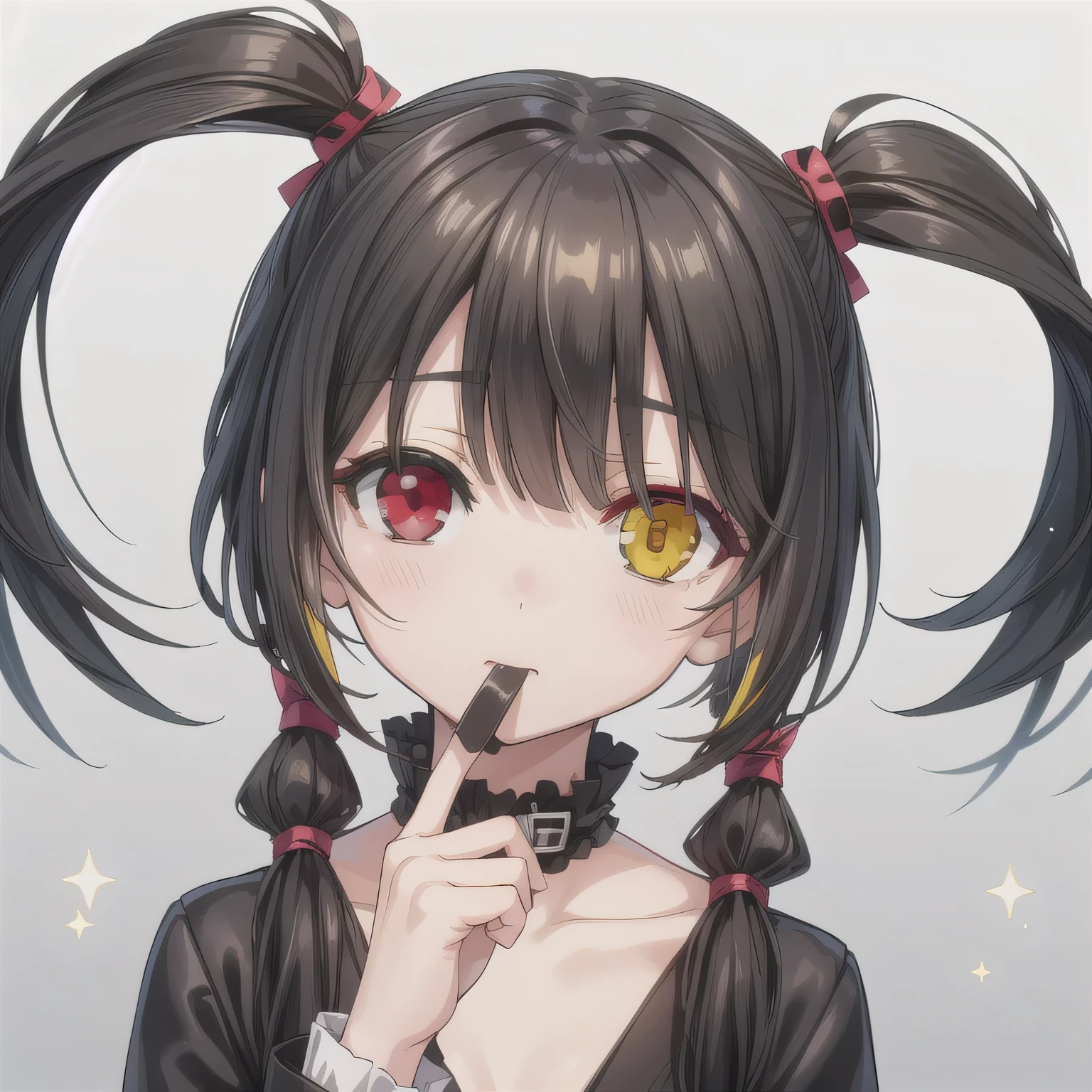 A Japanese anime-style chibi girl, 3-head-tall, super round body and head, deformed proportion, big sparkling eyes, small nose and mouth, cute and soft illustration, simplified color palette, masterpiece, her mouth is empty, nothing in her mouth, no objects around the mouth, not eating, not holding anything, natural facial expression. Long Hair, Dark Hair, (Red Eyes:1.3), (Pigtails:1.5), (Yellow Eyes:1.3), (Heterochromia:1.5).