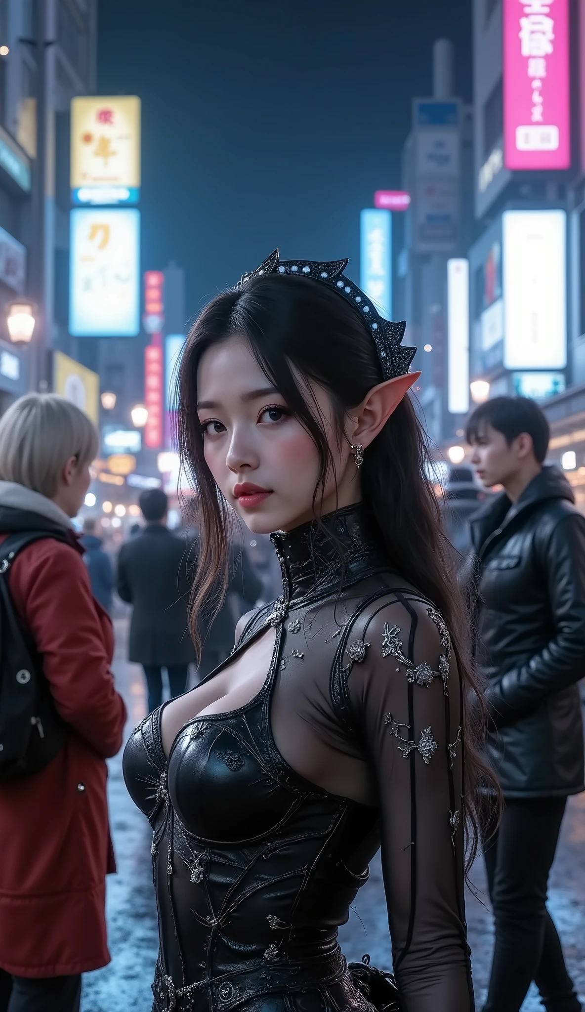 Real world, reality, raw photo, photojournalism, scoop footage, An ((anime elven woman)) from another world blends into the crowd at night at Shibuya's scramble crossing.