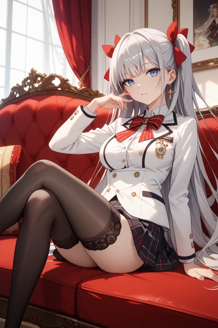 "1 girl, incredibly detailed 8k computer graphics, perfect model, mesmerizing idol, Stunning face, unearthly beauty, virgin white hair, ring braids, Charming Blue Eyes, Kakegurui , red blazer, White shirt, pleated gray skirt, brown tights, sat on the table , whole body, legs spread, pussy visible, thong mesh