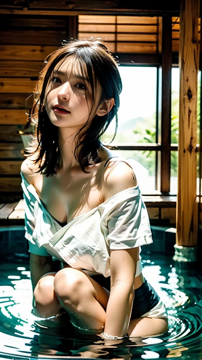 Top quality, masterpiece, ultra high definition, (photorealistic: 1.4), raw photo, single girl, black hair, shiny skin, full body,, full body photo, nubra, huge breasts, high exposure, sitting on the toilet