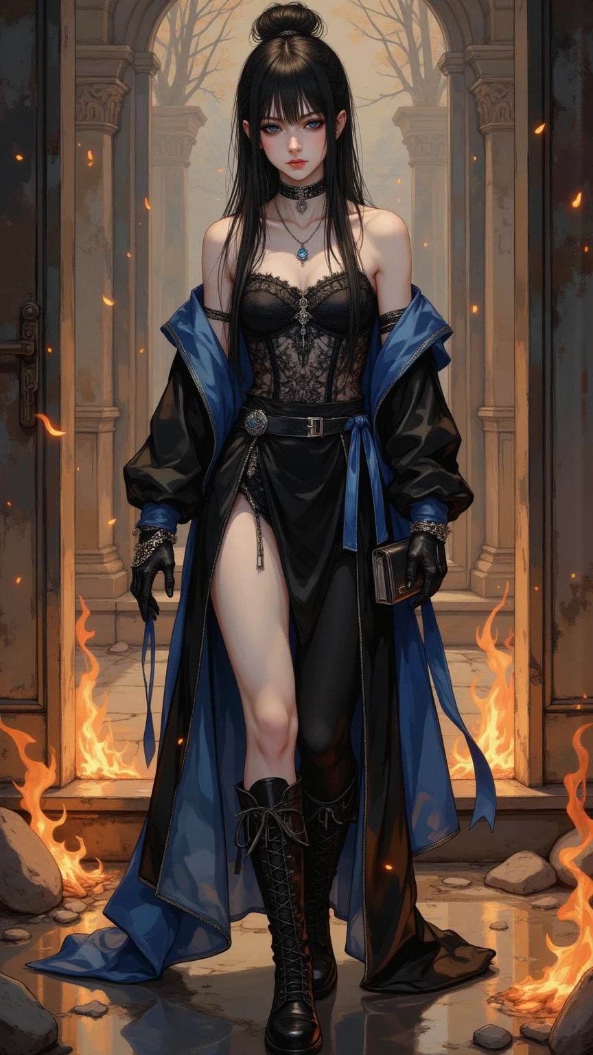 (((((middle age woman))))), masterpiece, ultra detailed, 8k portrait, RAW photo, portrait photography, highly detailed face, ((Fantasy)), 1 woman, (((short woman))), (((sorcerer))), (((((nervous expression))))), (((dynamic pose))), (((white thong swimwear))), (((((cameltoe))))), (((((stained panties, pee stain))))), (((((pussy juice))))), 33 years old, (((slutty woman))), (((((pee odor))))), (((bad smell pussy))), (((blacked small eyes))), (((black wet long hair))), (((long bangs))), large earrings, (((white skin color))), (((((blue puffy sleeve))))), chest pocket, (((black silk cloak))), (((little waist hip pouch))), (((((Fishnet body tights))))), (((leather boots))))), (((equip a long wood rod))), Midday Sun, hyper realistic, ((((flat chest)))), (((((small breast))))), (((thick thighs))), Long legs, in the medieval adventurer's guild, Ambient lighting, Shadow details , Camera focus on thigh, strong breeze, Light fog