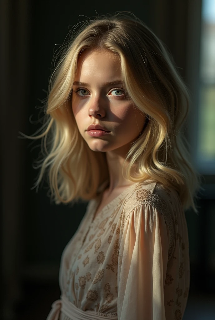 a photo portrait of a beautiful girl with long blonde curls, (dirty blonde hair:1.10), (face portrait:1.5), dramatic light, Rembrandt lighting scheme