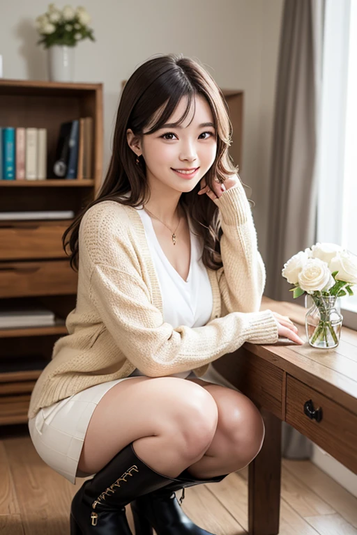 (highest quality:1.5)、(Realistic:1.5)、(1 person:1.5)、Very detailed、High resolution、8k、medium breasts、Natural color lips、Cute Smile、Japanese women、20-year-old girl、Beautiful and elegant face、Perfect and beautiful face、Balanced big eyes、Brunette eyes、Beautiful and elegant face、Natural double eyelids、Natural Bangs、Beautiful thin nose、Beautiful Skin、(Medium Bob Hair)、Natural Bangs、Perfect and beautiful face、Slim face and figure、Look at the viewers、(Staring at the camera with a sweet smile)、Bright lighting、Professional Lighting、Forward lighting、Beautiful feet:1.2、Smooth Skin、Slim Body、Slim waistline、slim thin thighs、Sit slouching、Bedroom、mini skirt、High stockings、Beautiful cleavage、Wear a bra、Outer cardigan with front buttons open、