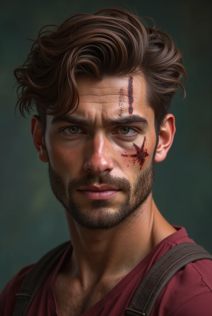 Dramatic portrait of a man, short hair, large scar on face, 35mm lens focal length, 8K, ultra realistic