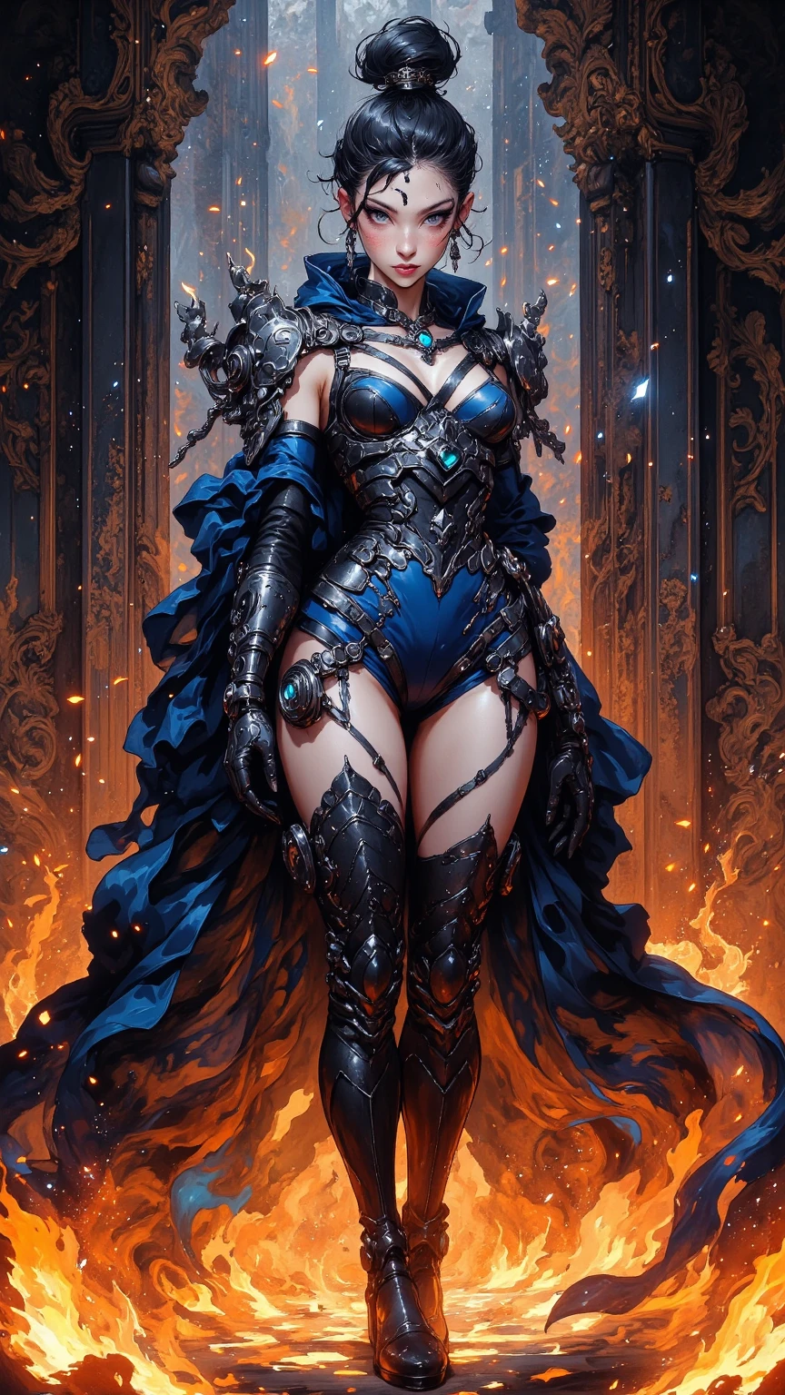 In the background is a dark wooden sailor's tavern illuminated by fire and candles, on the forehead a lock of hair, on the head a kind of steampunk diadem
On his chest he sports a beautiful round medallion of bright aquamarine color that radiates light. On the shoulders some lamps, on the leg the other league