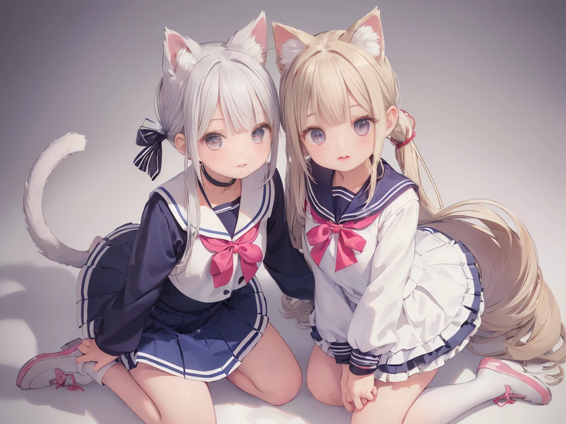 (cute eyes:1.2), (sparkling eyes:1.2), (8K、Best image quality、highest quality、masterpiece)、Detailed face、(2 girls)、Improve、(white hair, pink eyes, short hair, straight hair, nekomimi)、(open mouth), (embarrassed), (skinny body:1.3),(midium breasts), (sailor uniform:1.2), Sit on a chair, Classroom Background, (black stockings:1.1), (Thighs:1.2), (Waistline:1.1),(close-up shot of bust), (from above:1.2)