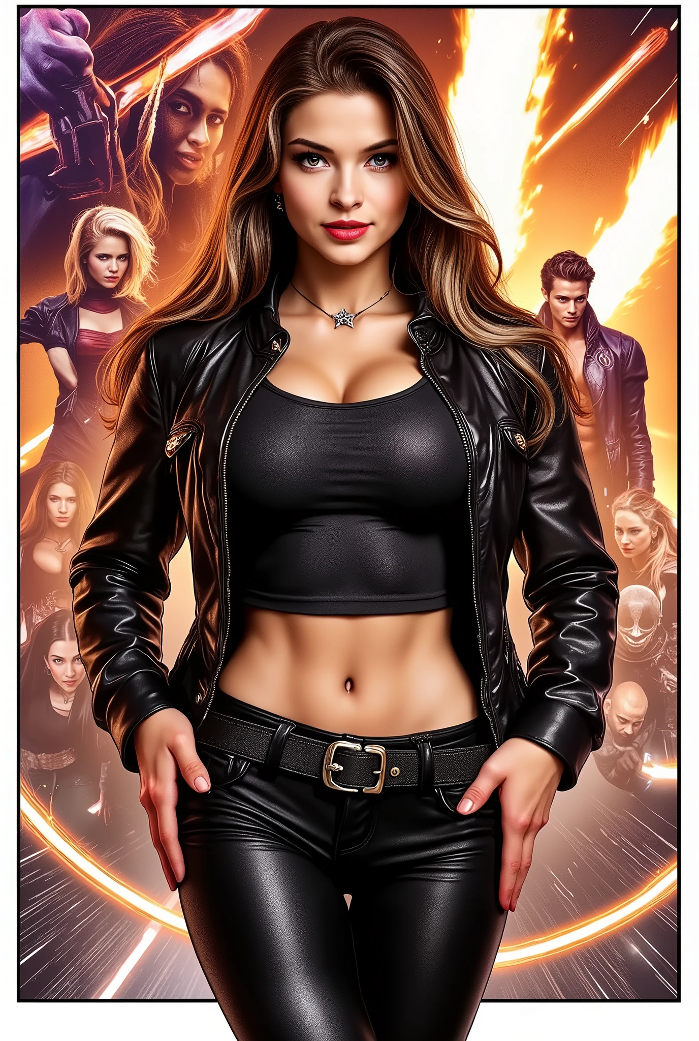An athletic woman with shoulder-length straight black hair , brown eyes and bold red lipstick . She wears a black leather jacket , Black cropped shirt , black leather pants and black high heels . She has muscular legs , slim waist and lean six-pack abs . Comic style 