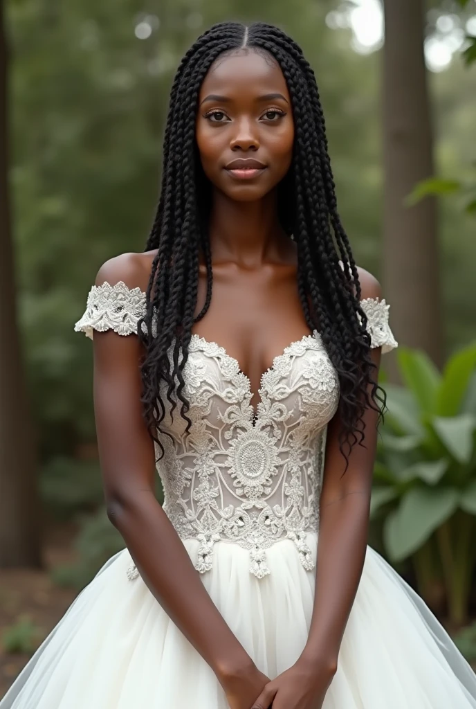 Realistic full body photo of a smiling black girl with long hair, Braided hairstyle, She dances in front of the camera in a long A-line wedding dress with straps made of shiny satin., Park,glamour fotoshooting, Wedding celebration, perfect anatomy, perfect brown eyes. Perfect hands with 5 fingers on each hand, Matching girl, looking at the camera, 1 Frau. (Eye make up:1.1), (highly detailed skin:1.1), spirit, analog style, keen focus, 8K  UHD, dslr, good quality, Fujifilm XT3, Grain, Award-winning, ​masterpiece. Wedding celebration