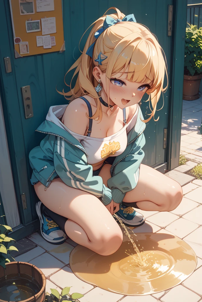 1womanl,12year old,Golden head hair,Beautiful ponytail hairstyle, sports wear,White sports bra,Shorts small breasts,Sweaty sports bra,Leaking pee,My crotch is wet,lift up skirt,(Lift Jewelry:1.3),(Urination:1.4),(embarrassed:1.2)