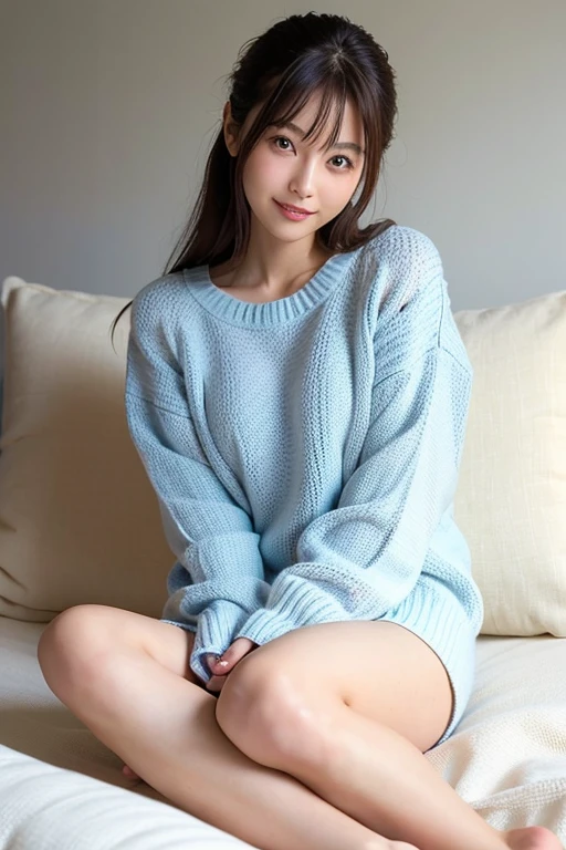 (Highest Resolution, 4K, masterpiece: 1.3), Japanese women, A photo of a woman, cute: 1.1, Beautiful Eyes,Symmetrical eyes,Big eyes, Slim figure, Realistic teeth, double eyelid, smile、(whole body:1.3), highest quality, detailed, Long Hair,Beret、Long skirt、Pleated skirt、cardigan、(Hugging own legs,Hugging own feet:1.3)、