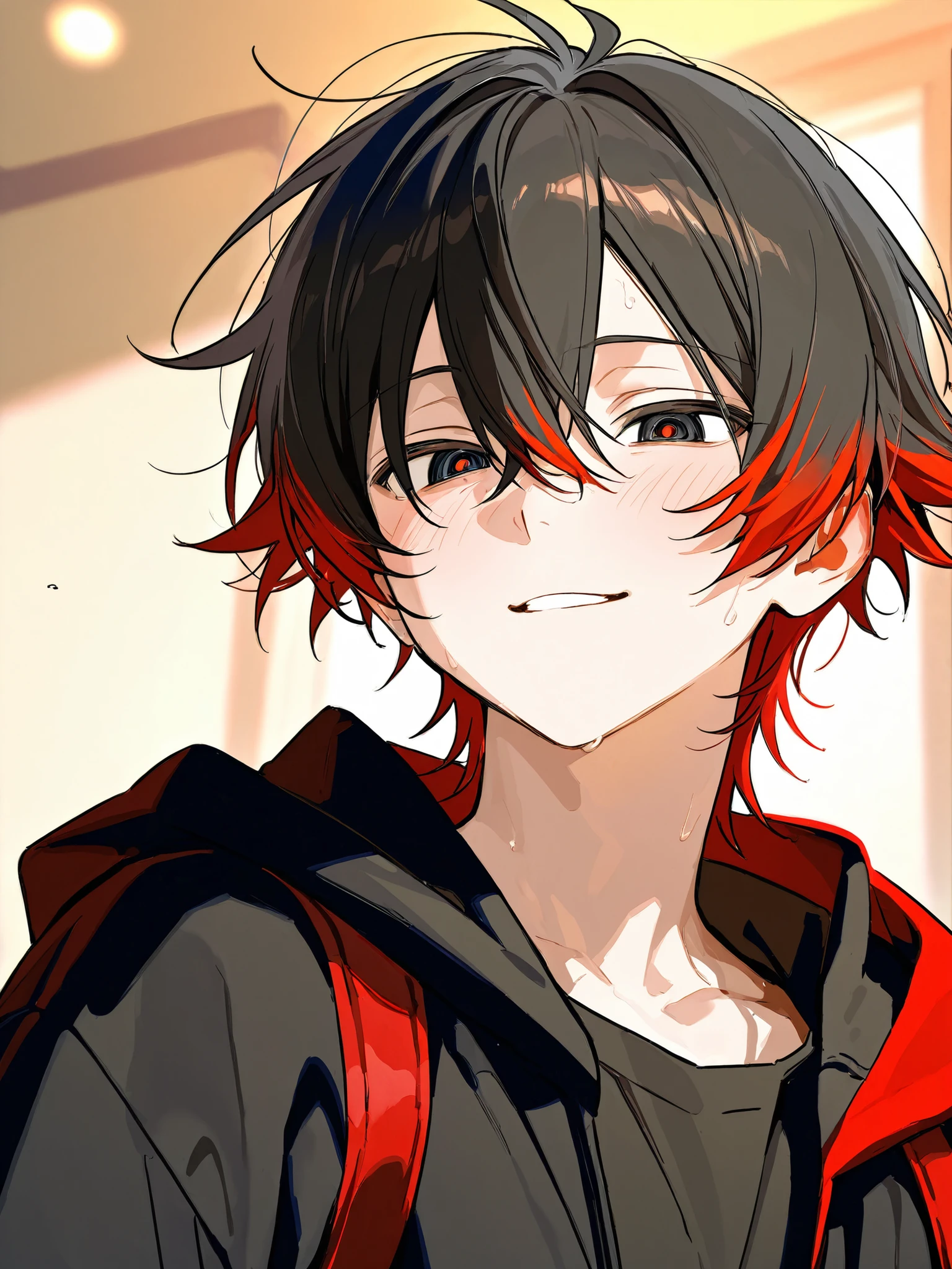 masterpiece, best quality, kijin seija, 1boy,horns,short hair,multicolored hair,red eyes, smoking cigarette, black jacket, happy, determined, bright blue sky, at the streets, black pants