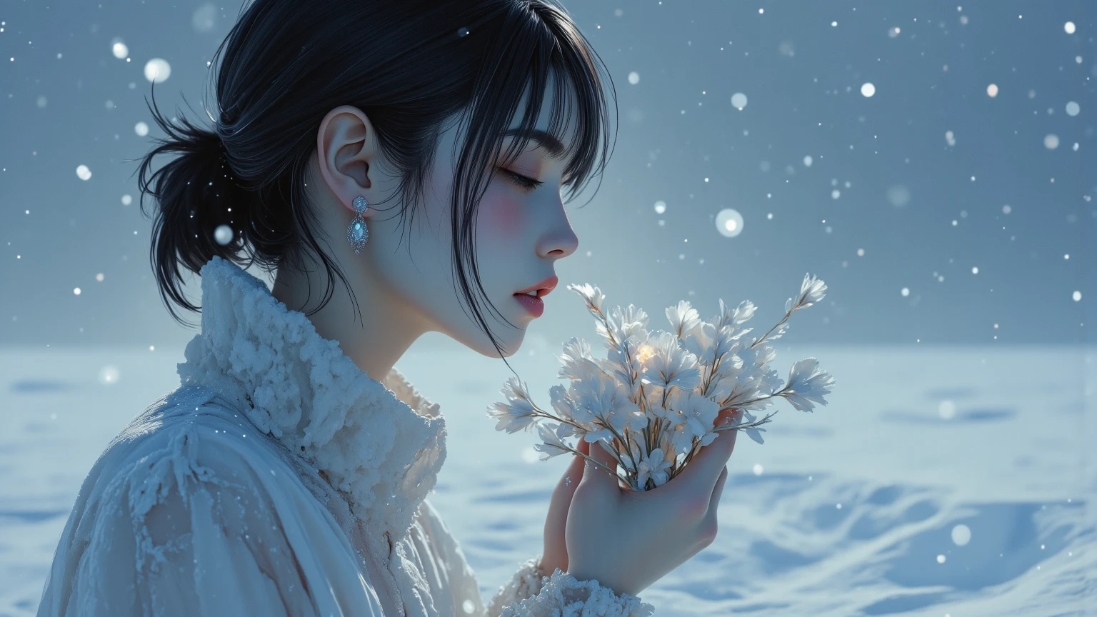 a cinematic 16:9 scene set in a snow-blanketed void, the solitary figure placed at the far left edge, holding a delicate yet poisoned bouquet crafted from shimmering glass petals, breath misting into the cold night air, the background vast and empty, dissolving into a seamless white horizon, the bouquet faintly glowing with a subtle malevolent aura, the atmosphere silent and heavy with muted betrayal and fading warmth

art style: cinematic emotional surrealism, minimalist winter palette of whites and icy blues, soft ambient light casting long shadows, delicate texture details on the bouquet, high-definition focus on the solitary figure contrasted against the infinite emptiness
