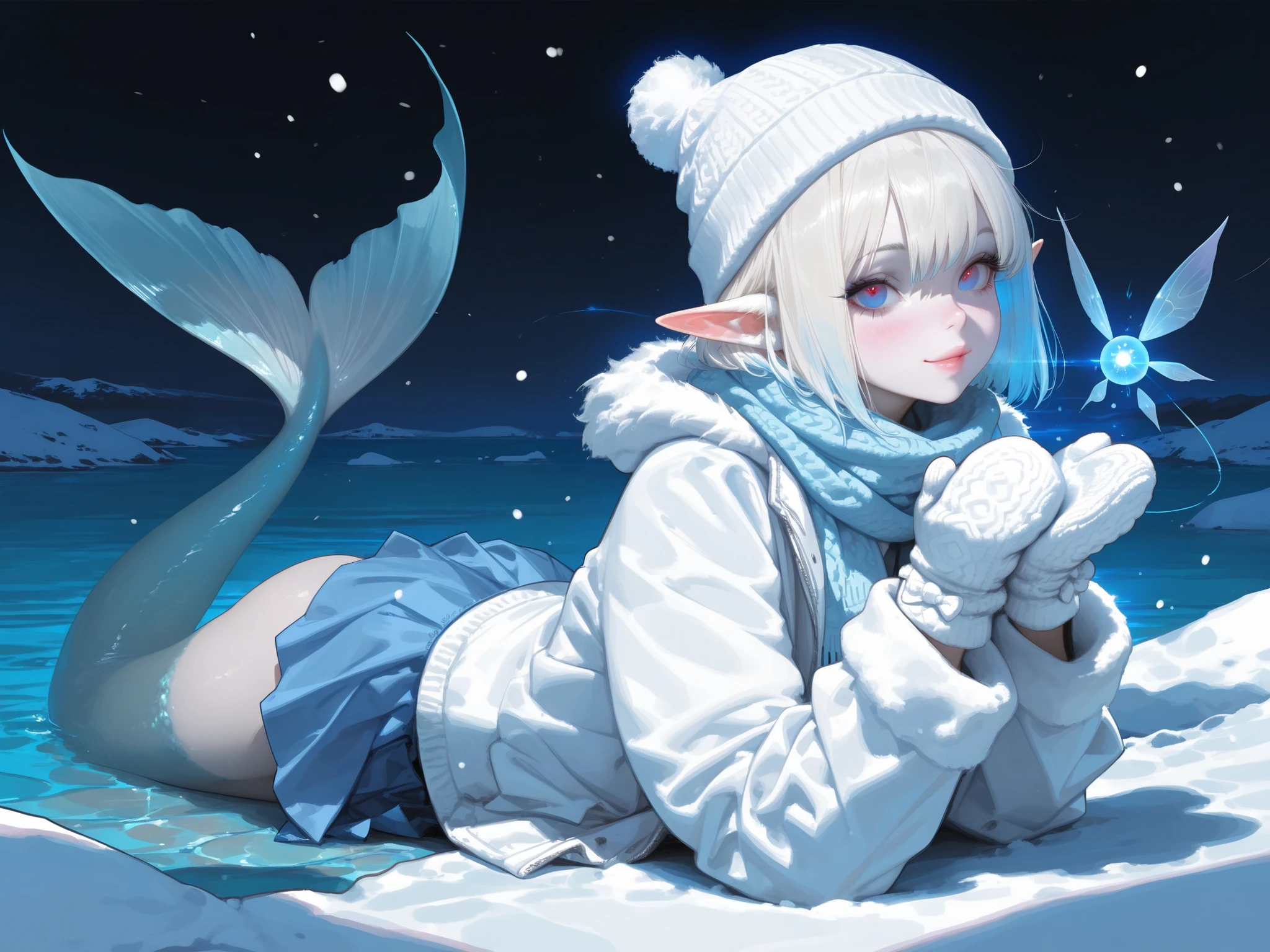(tangobat:0.7),(Sakimichan:0.7),(High CT quality,4k,High resolution,main piece:2.3),(Very detailed,Realistic:1.37,Best quality,masterpiece, high resolution,on_body), (Tyndall effect,photorealistic, Edge lighting, Two-color lighting),(high definition skin:2.3), (8K UHD, DSLR quality, soft lighting, high quality, surround lighting, sincere, de 8K , 4K, 8K.) Furry seal. she's selkie from northern folklore,she's looking like as albino mermaid seal. The mermaid seal girl has a petite slim skinny build,her skin is pale and covered with a velvety soft short seal furr, her mermaid tail is plush and white, covered with velvet fur and fluffy flippers,she has small fluffy pointy ears are always pressed against her head. She has a navi blue eyes color, snow-white with babyblue highlights shot straight hair,bob hairstyle. She is wearing a blue winter plush jacket with white trim,mittens,knitted hat, scarf and a skirt.
She loves cold weather, and can swim fast. the background: icy desert, permafrost, blue glaciers. The northern lights are in the sky at night.