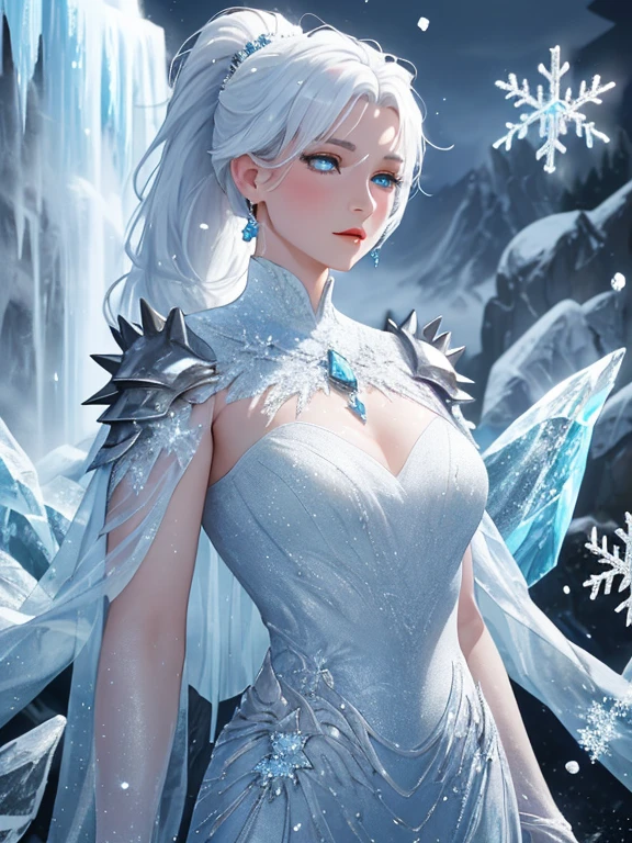 a beautiful ice goddess, good face, happy face, very long hair, realistic eyes, small breasts, ice magician, ice elemental, intricate design and details, chilling mist, cold, blizzard storm, conjuring ice spell, casting ice spell, detailed dress, (white dress:1.5), realistic ice effect, ((ice:1.5)), snow particles, dark fantasy art style, ruined city, dramatic lighting, cinematic,