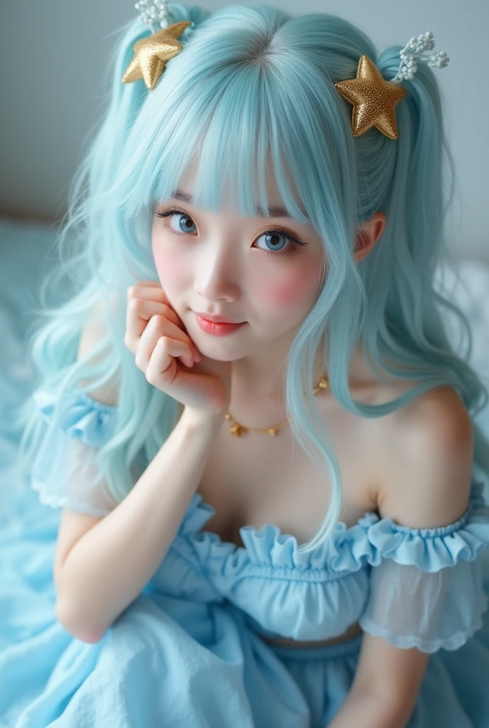 One beautiful girl, alone, Ice blue hair, Hair on one eye, Virtual YouTuber, whole body, chest, White Background, Simple Background, Long Hair, kimono,pastel colour,View Viewer,Cute sparkly eyes,detailed,Idle smile, Cute,Long sleeves,Long sleeve, Ice blue crystal,Sparkling diamond pattern snow background