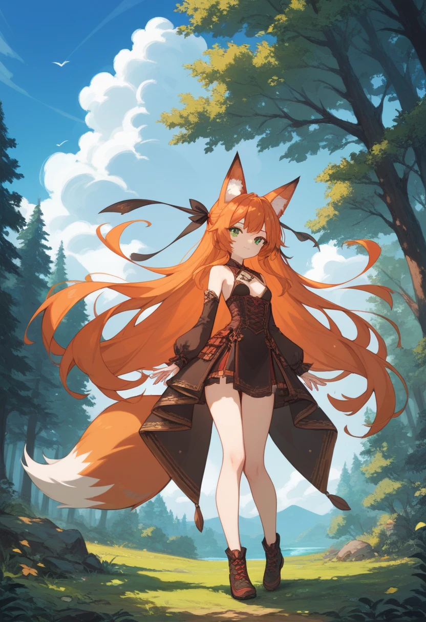 ((obra maestra, mejor calidad)),peludo, orejas de animal, cola, bodyfur, (ultra-detallado), (illustration), (ultra highres), (delicate illustration), (hiper detallado),1girl dressed in red with warm black, contorno oscuro, fondo algo oscuro naranja, ojos verdes, pelaje rojo
