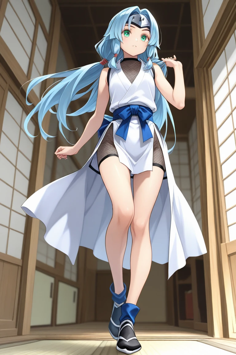 best quality, masterpiece, detailed,
<lora:chara_BenriyaSaitousanIsekainiIku_Lafanpan:0.8>, lafanpan,
open mouth, blush,
twintails, blue hair, long hair, ahoge, blue eyes,
collarbone, small breasts, white dress, belt, bandages, wrist wrap, sleeveless,
standing, looking at the viewer, from behind, ass,
fantasy, fountain