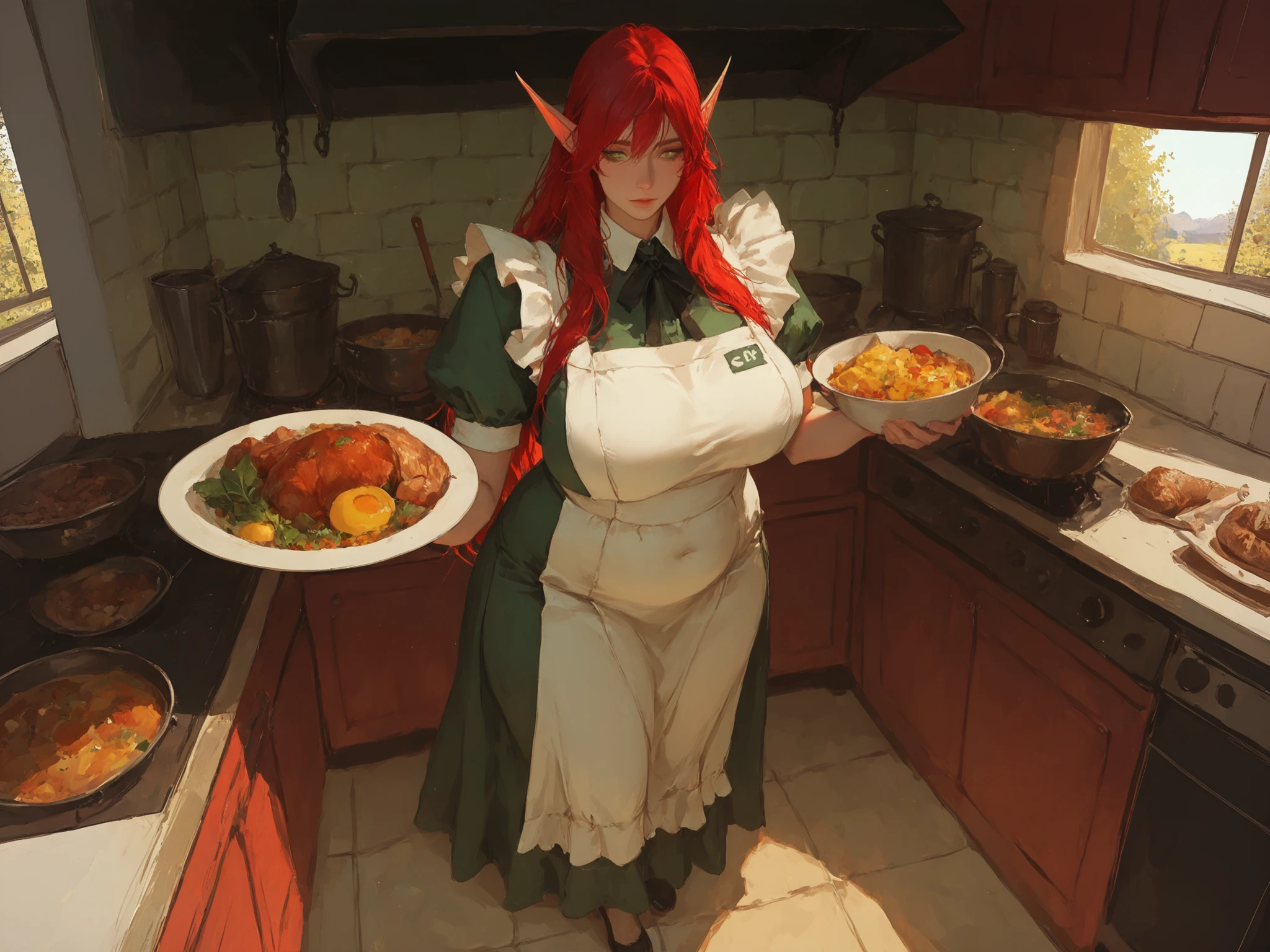 score_9, score_8_up, score_7_up, score_6_up, score_5_up, score_4_up, source_anime , ,(!!sharp long elfs ears!!, !! red hair!!, !!long hair!!, separete bang), long elf ears, green eyes, detailed eyes, well-aligned eyes, pointy ears, 1girl, full body, well drawn green eyes, perfect eye quality, long hair, anatomically correct,((curvy, big breast, little chubby, shapely body)standing in the kitchen dressed as a maid and preparing food,view from different angles