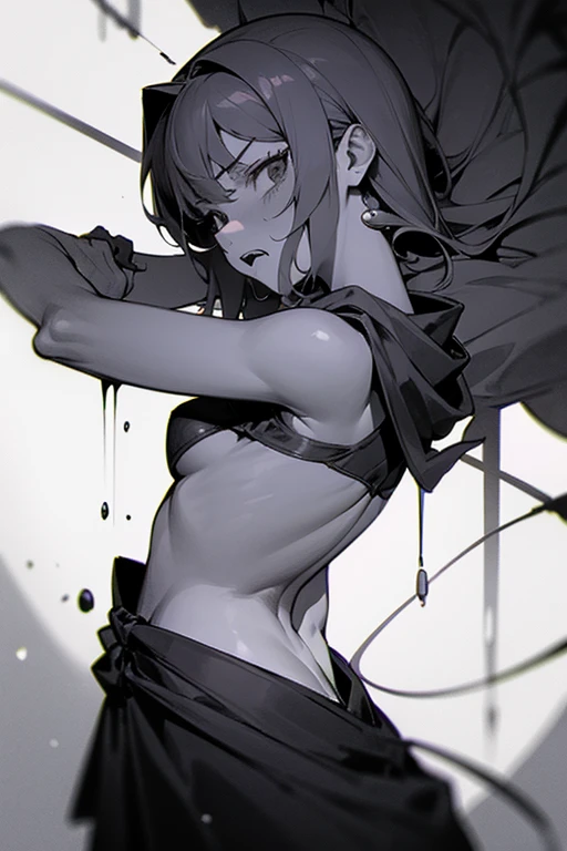 Masterpiece, Top Quality, High Resolution, Solo, Small, Indoor, Dark Background, HDR, Chromatic Aberration, Offset Bra, Offset Thong, T-Back, (Reach: 1.2), Standing, Standing Legs Apart, Crotch, Excitement, Blush, Open Mouth, Tongue Sticks Out, Slobbering, Sweat, Sweaty,